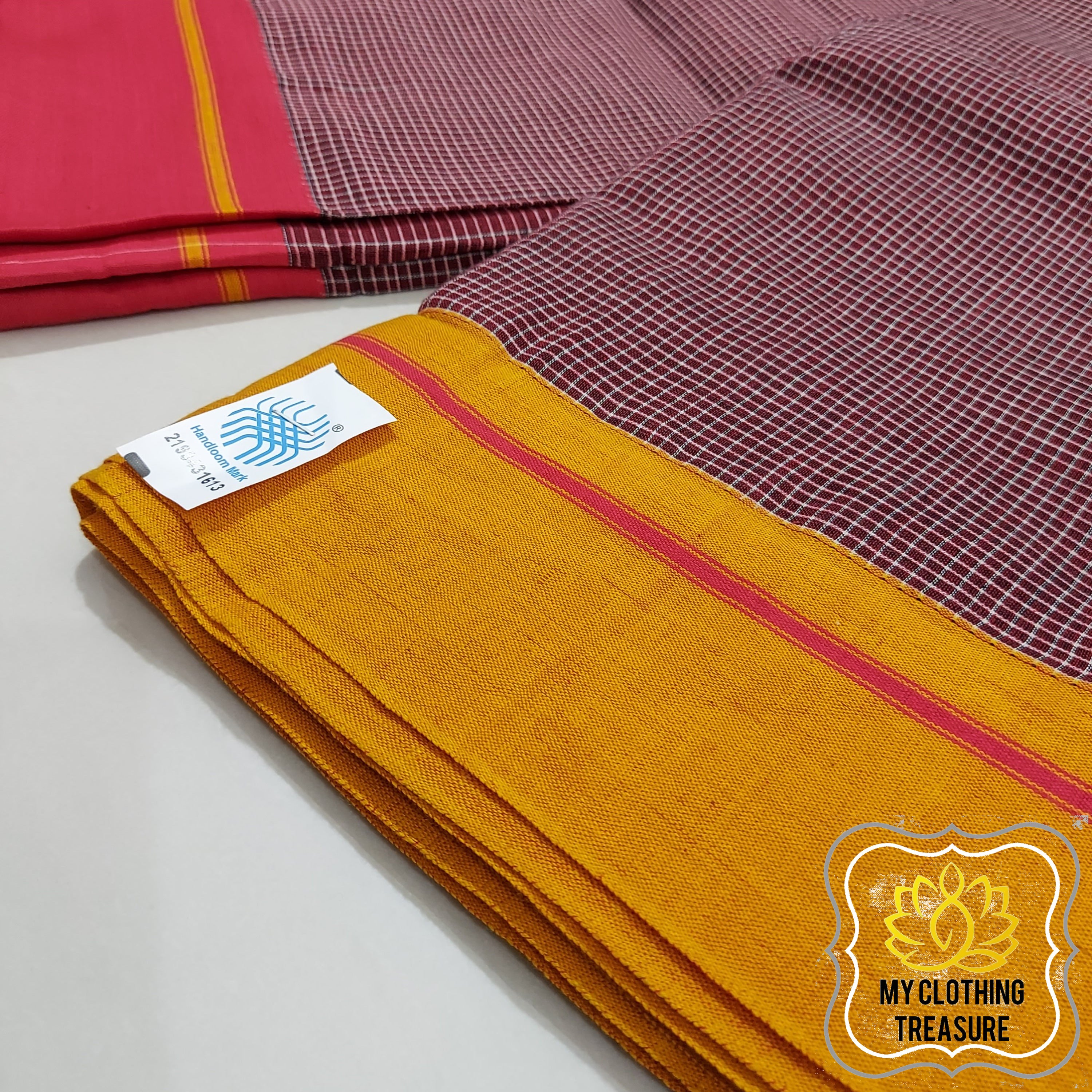 Maroon Patteda Anchu Cotton Saree With Ganga Jamuna Border-Red Yellow