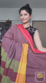 Load image into Gallery viewer, Maroon Patteda Anchu Cotton Saree With Ganga Jamuna Border-Red Yellow
