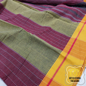 Maroon Patteda Anchu Cotton Saree With Ganga Jamuna Border-Red Yellow