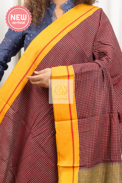 Maroon Patteda Anchu Cotton Saree With Yellow Border