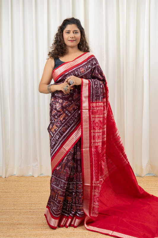 Exclusive Sambalpuri Pure Silk Saree - Coffee- Red