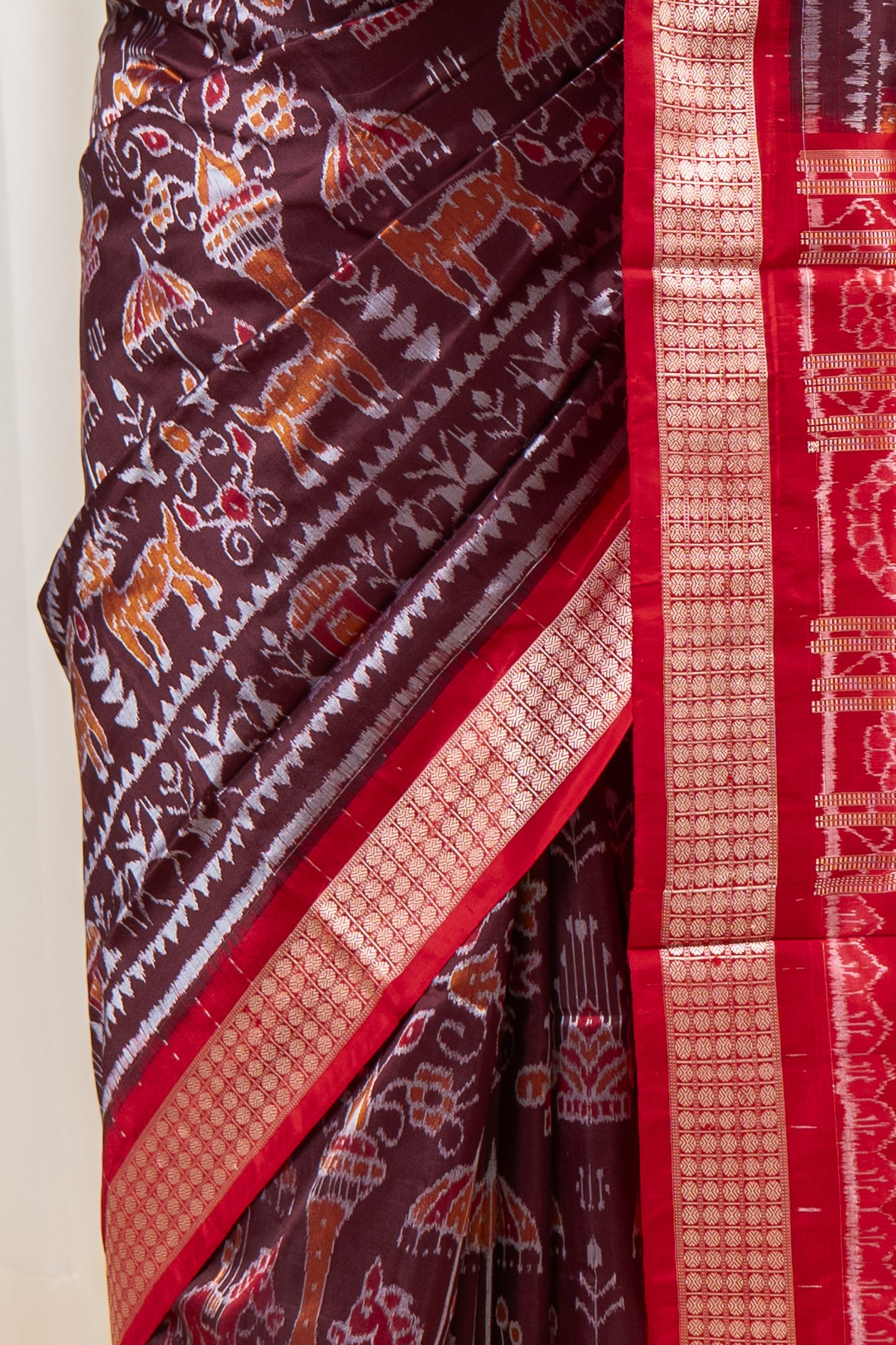 Exclusive Sambalpuri Pure Silk Saree - Coffee- Red