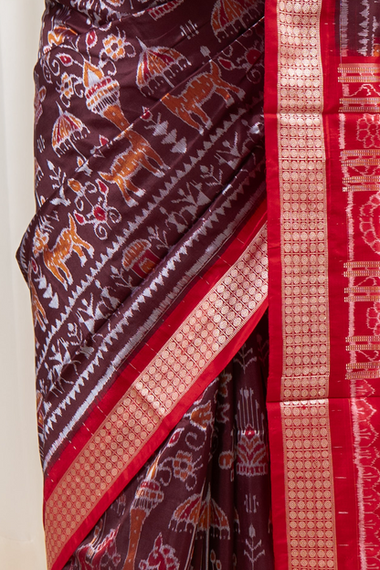 Exclusive Sambalpuri Pure Silk Saree - Coffee- Red