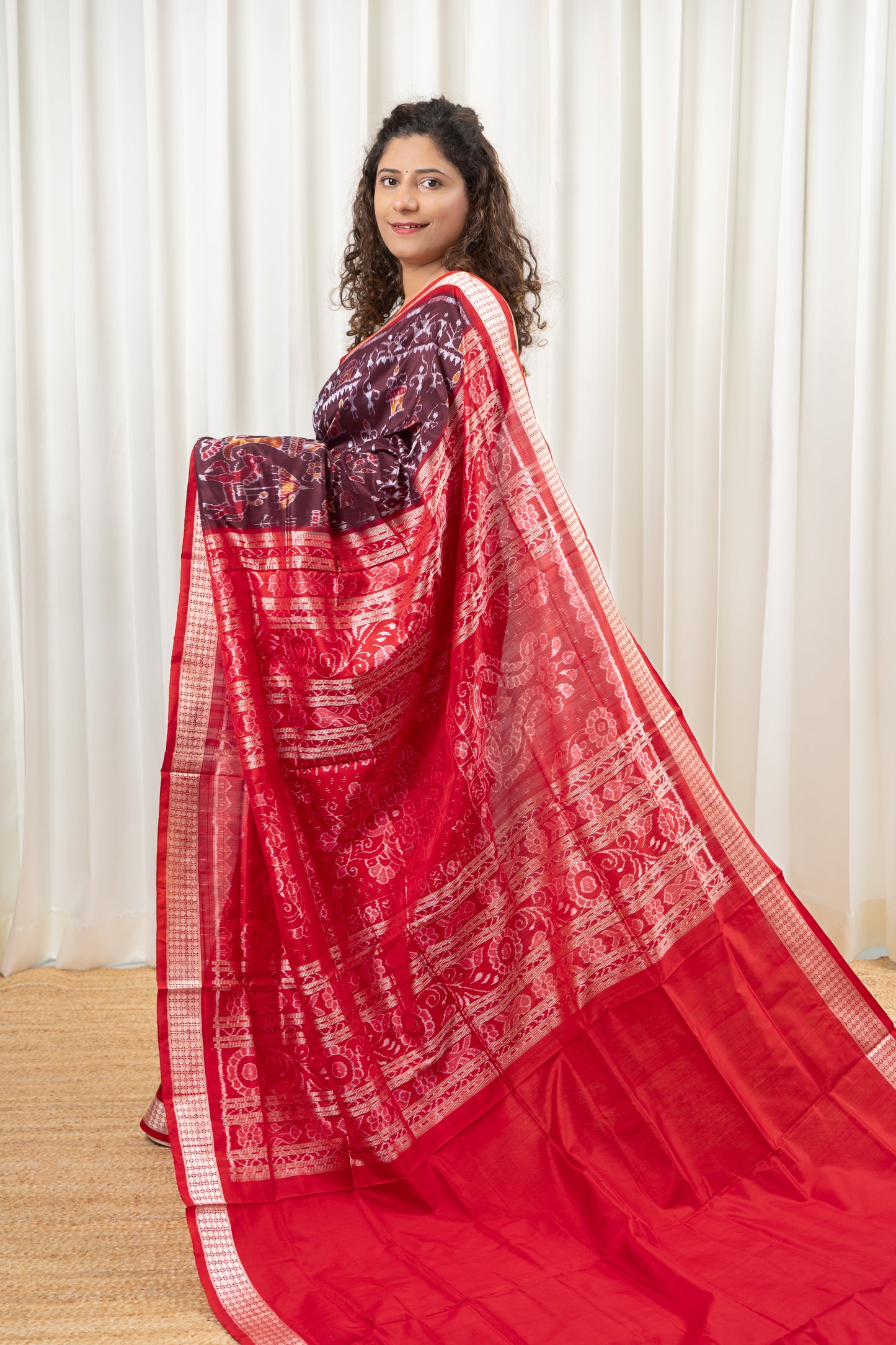 Exclusive Sambalpuri Pure Silk Saree - Coffee- Red