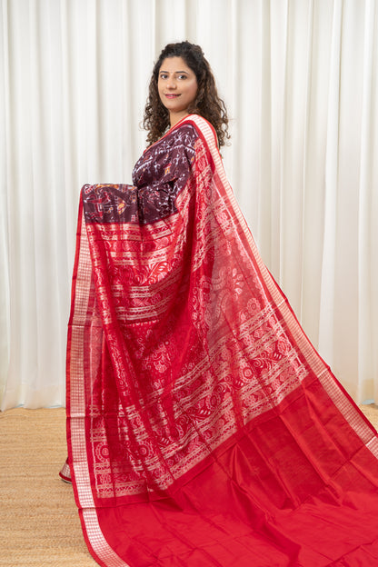 Exclusive Sambalpuri Pure Silk Saree - Coffee- Red
