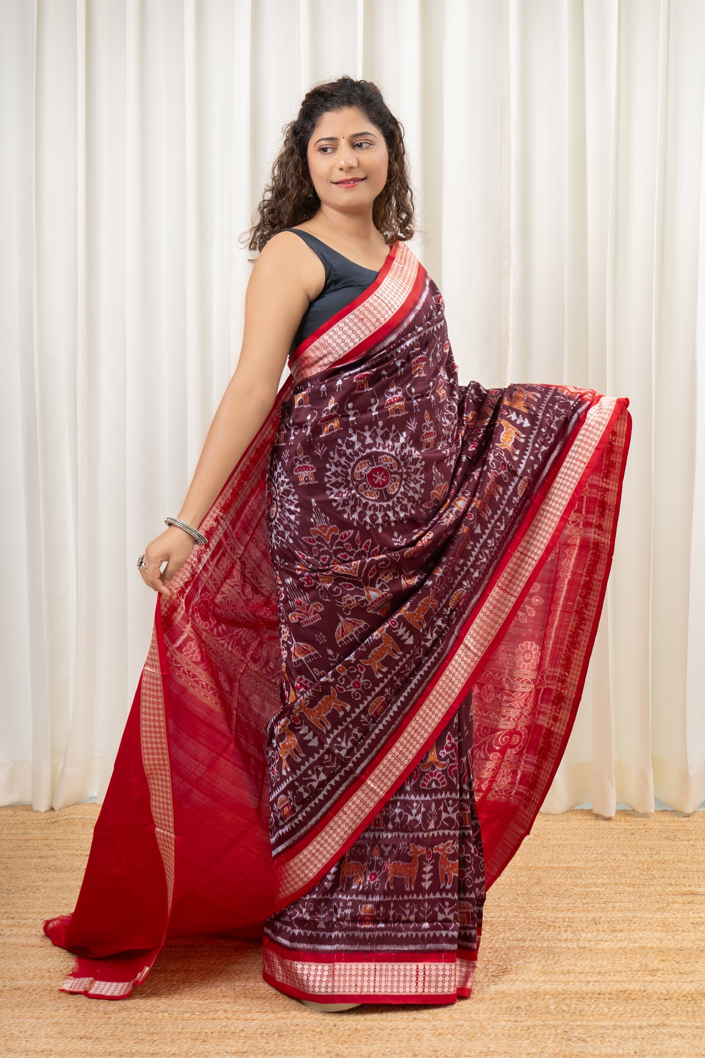 Exclusive Sambalpuri Pure Silk Saree - Coffee- Red