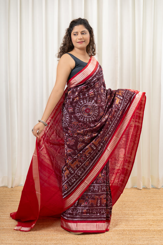 Exclusive Sambalpuri Pure Silk Saree - Coffee- Red