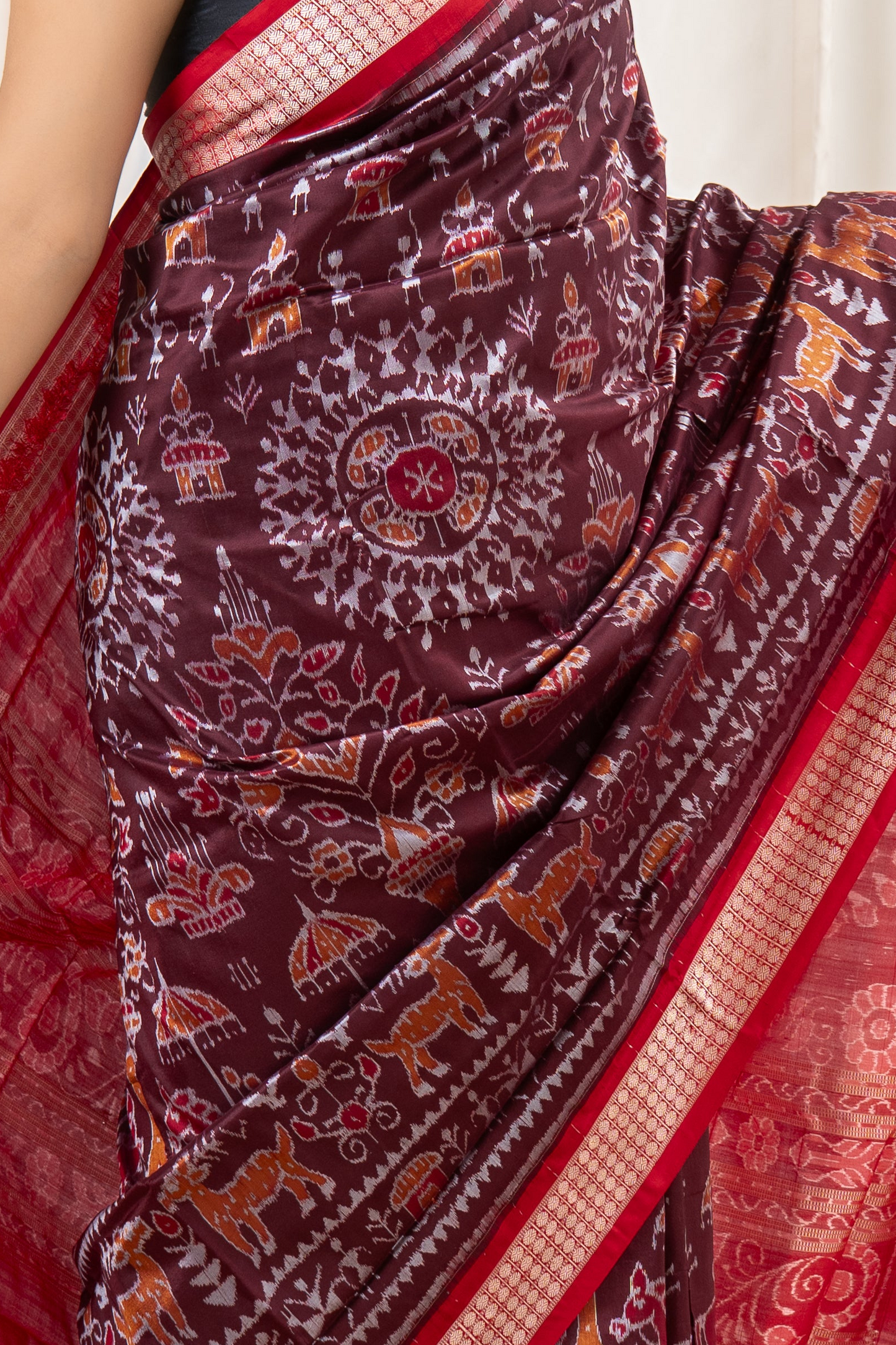 Exclusive Sambalpuri Pure Silk Saree - Coffee- Red