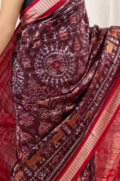 Exclusive Sambalpuri Pure Silk Saree - Coffee- Red