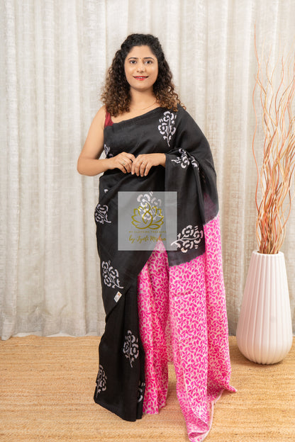 Murshidabad Pure Silk Sarees Hand block Print- Black Pink Patli Pallu Saree