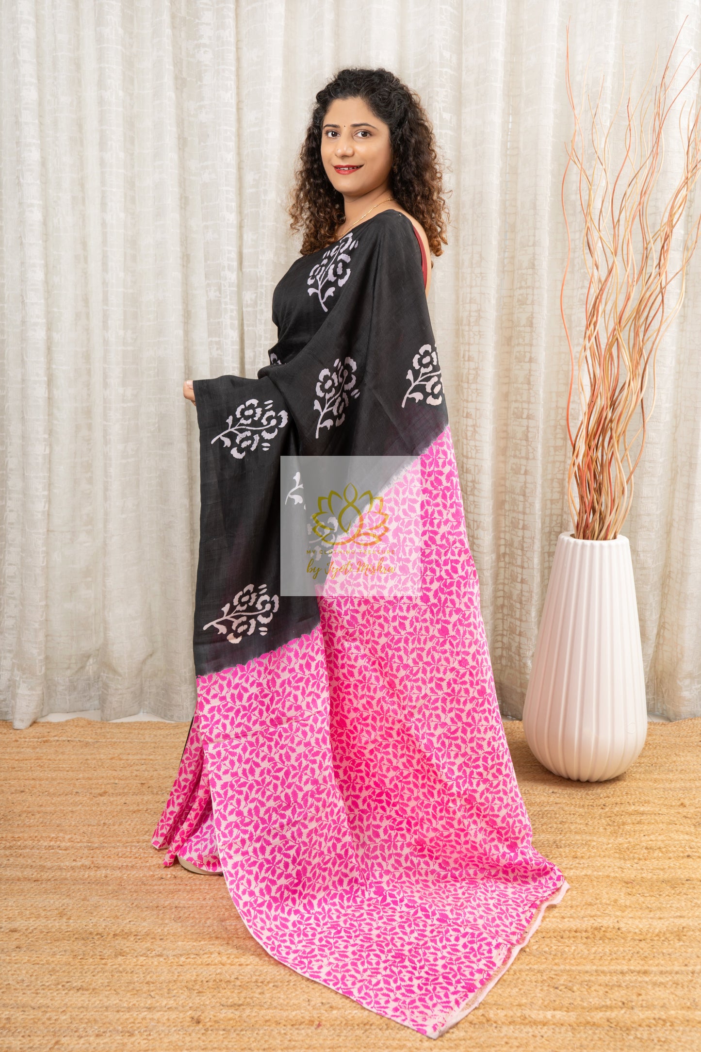 Murshidabad Pure Silk Sarees Hand block Print- Black Pink Patli Pallu Saree