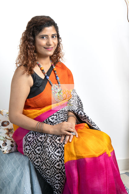 Murshidabad Pure Silk Sarees Hand block Print- Multi Color 2 Saree