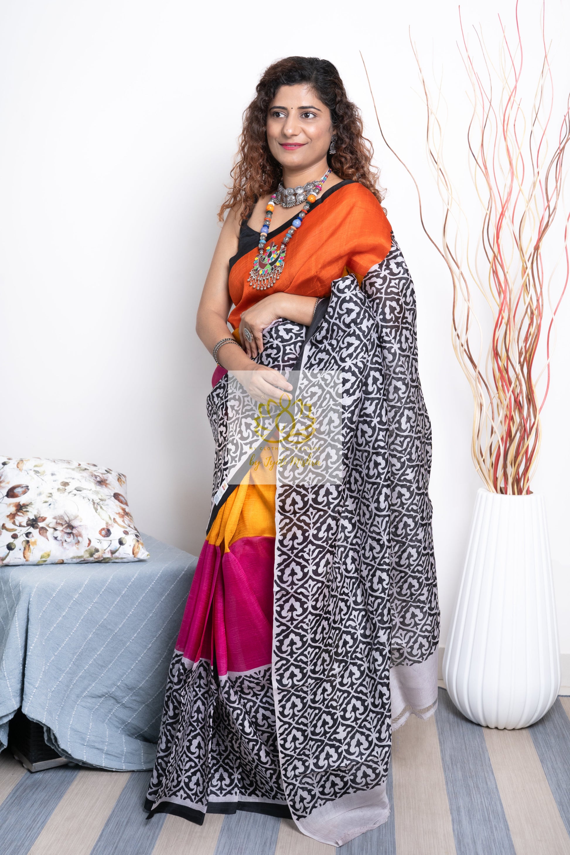 Murshidabad Pure Silk Sarees Hand block Print- Multi Color 2 Saree