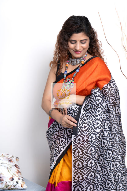 Murshidabad Pure Silk Sarees Hand block Print- Multi Color 2 Saree