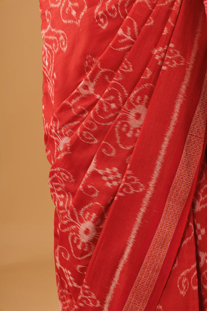 Odisha Ikkat Khandua Cotton Saree - Rust & Red