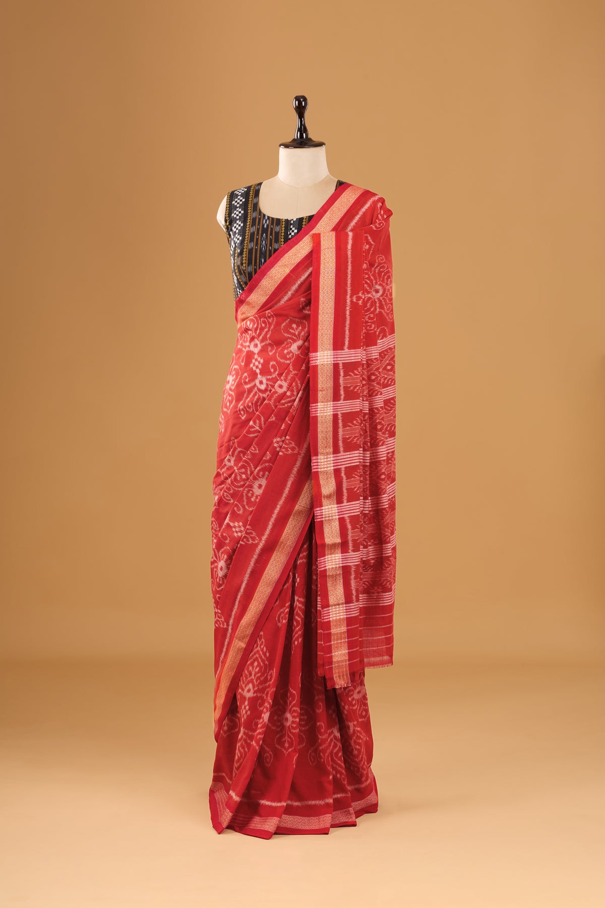 Odisha Ikkat Khandua Cotton Saree - Rust & Red