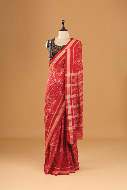 Odisha Ikkat Khandua Cotton Saree - Rust & Red