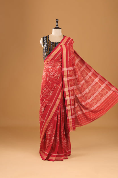 Odisha Ikkat Khandua Cotton Saree - Rust & Red