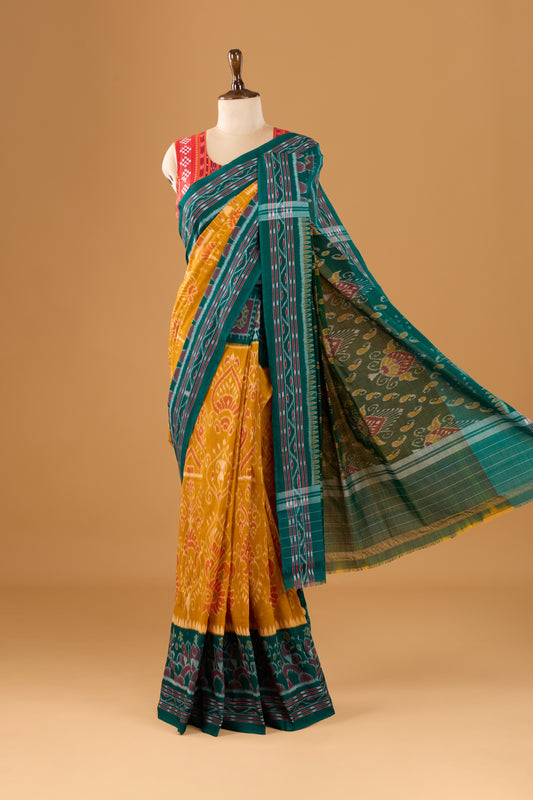 Odisha Ikkat Khandua Cotton Saree - Mustard Yellow