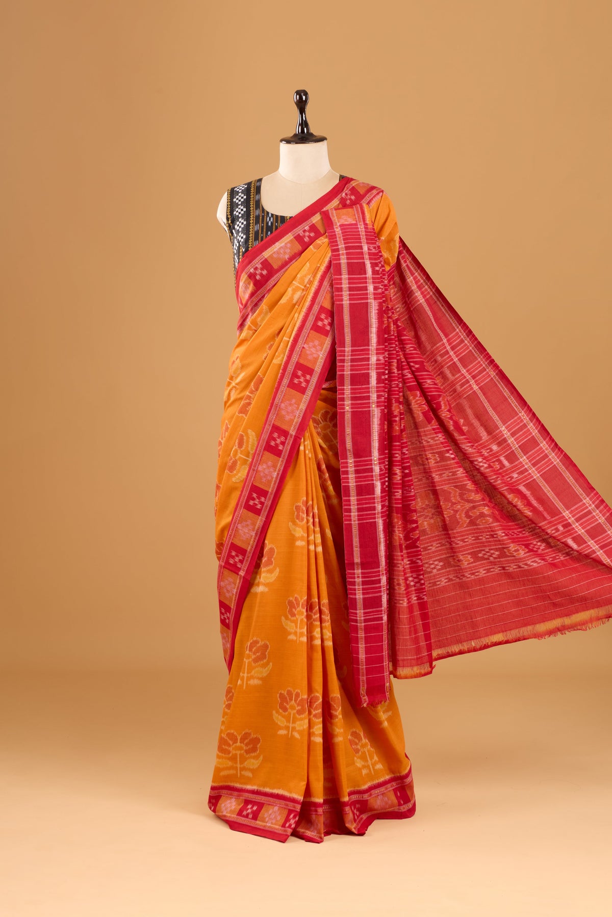 Odisha Ikkat Khandua Cotton Saree- Mustard Orange