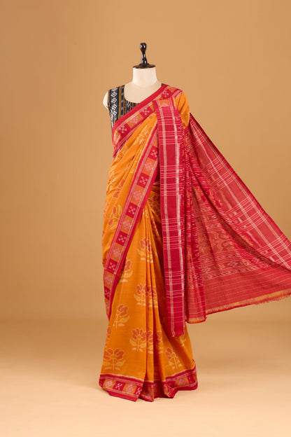 Odisha Ikkat Khandua Cotton Saree- Mustard Orange
