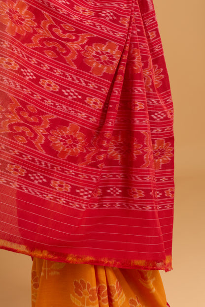 Odisha Ikkat Khandua Cotton Saree- Mustard Orange