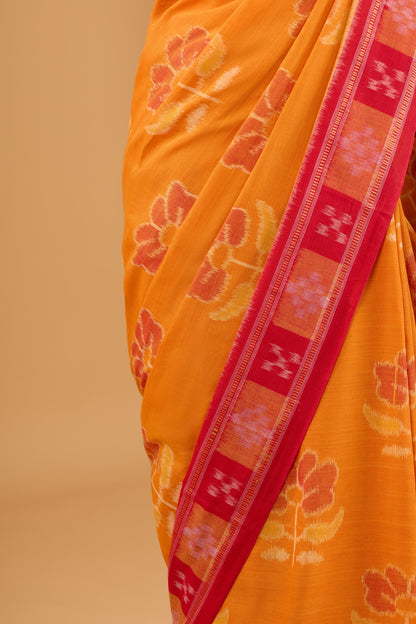 Odisha Ikkat Khandua Cotton Saree- Mustard Orange