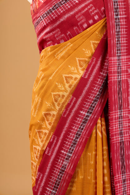 Odisha Ikkat Khandua Cotton Saree - Mustard yellow & Maroon