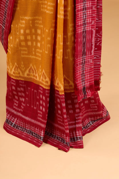 Odisha Ikkat Khandua Cotton Saree - Mustard yellow & Maroon