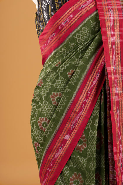 Odisha Ikkat Khandua Cotton Saree - Mehendi Green