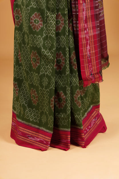 Odisha Ikkat Khandua Cotton Saree - Mehendi Green
