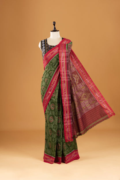 Odisha Ikkat Khandua Cotton Saree - Mehendi Green