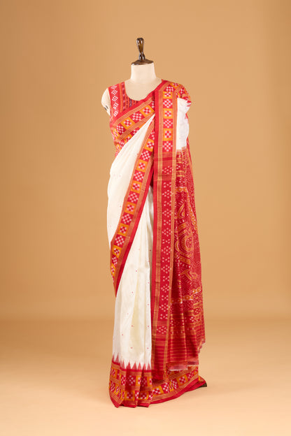 Double Pasapali Border Khandua Ikkat Silk Saree - Off White and Red