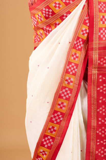Double Pasapali Border Khandua Ikkat Silk Saree - Off White and Red