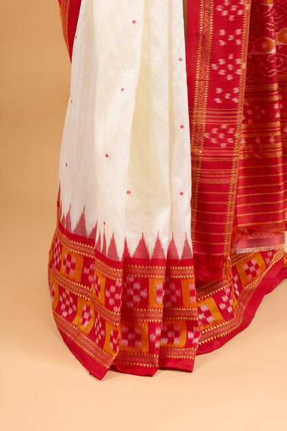 Double Pasapali Border Khandua Ikkat Silk Saree - Off White and Red