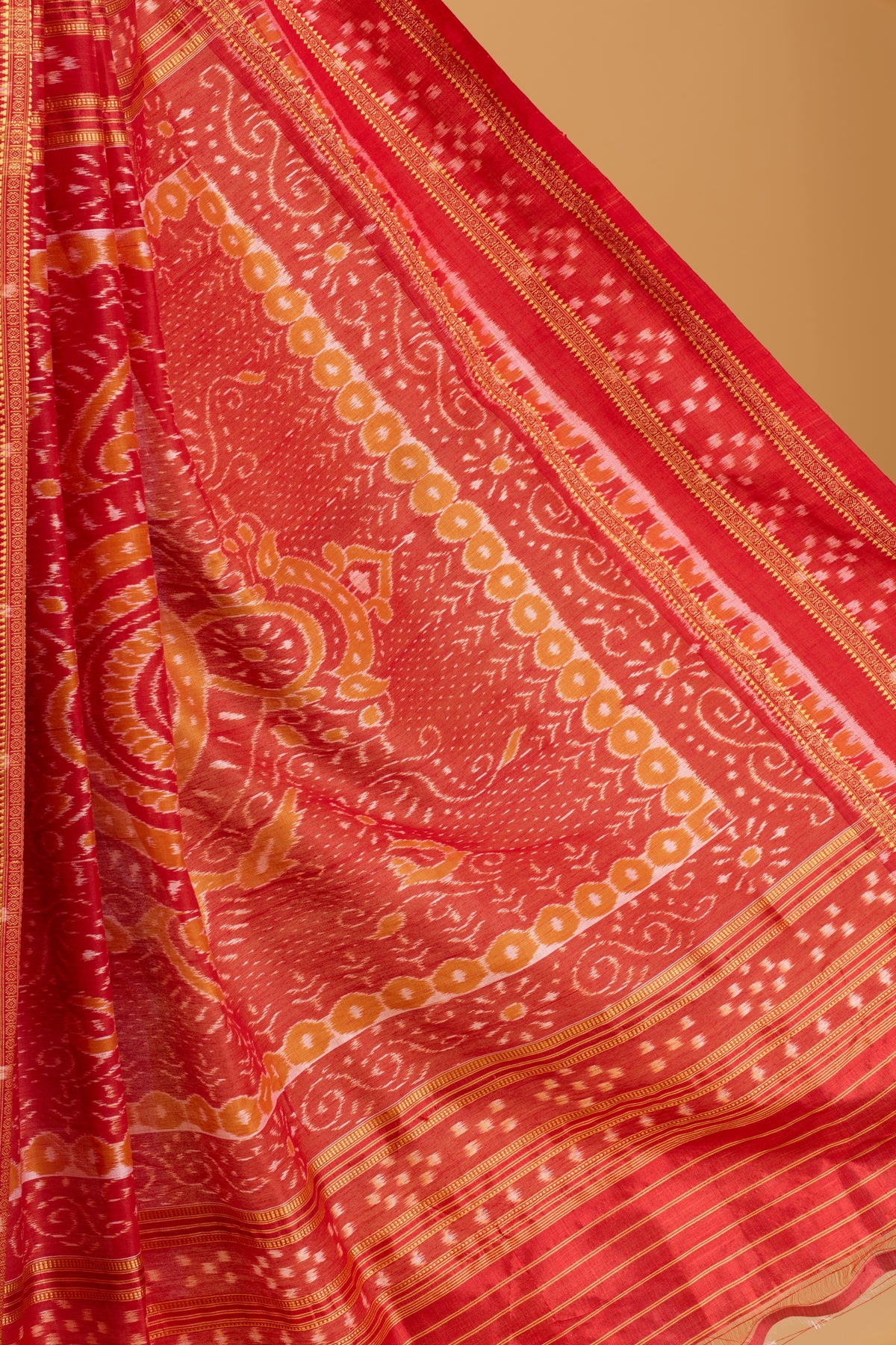 Double Pasapali Border Khandua Ikkat Silk Saree - Off White and Red