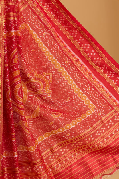 Double Pasapali Border Khandua Ikkat Silk Saree - Off White and Red