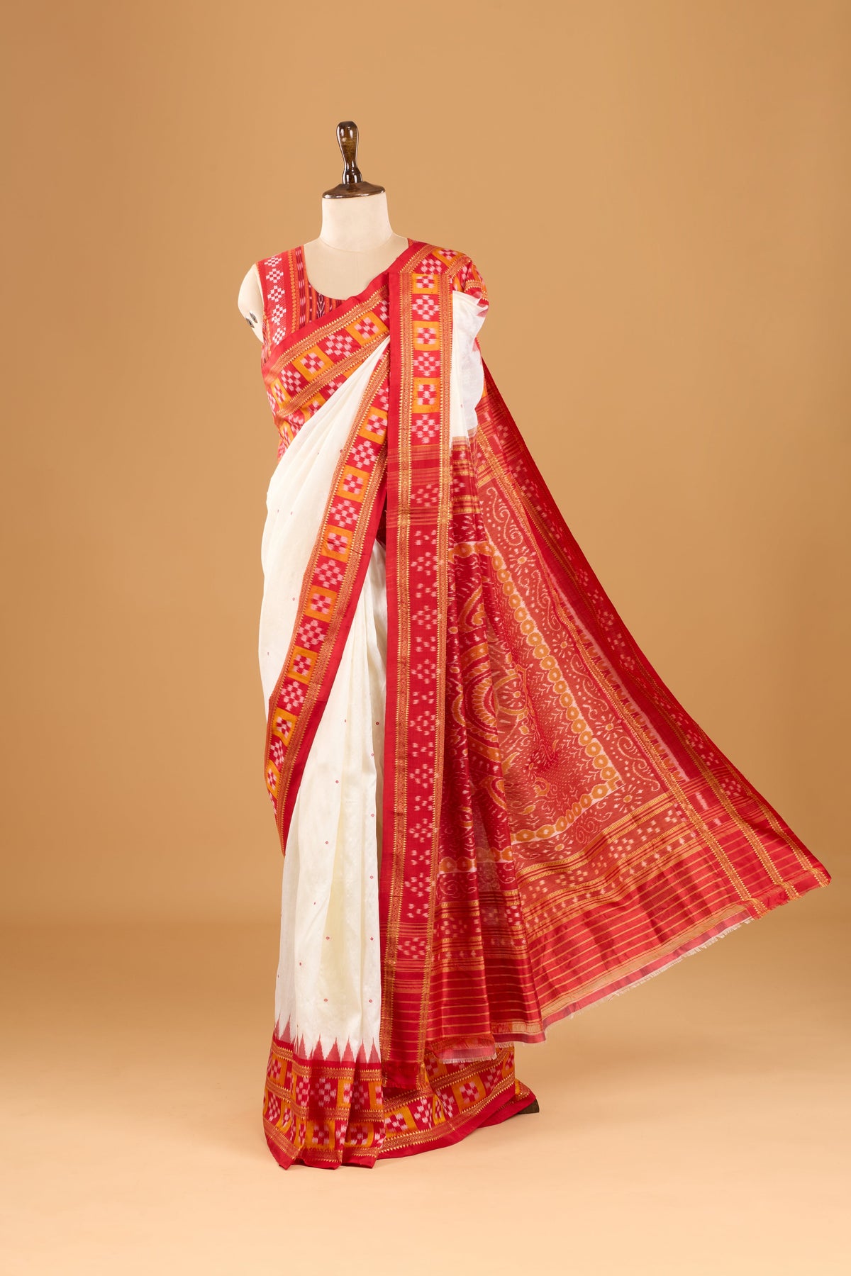 Double Pasapali Border Khandua Ikkat Silk Saree - Off White and Red