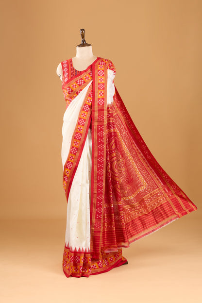Double Pasapali Border Khandua Ikkat Silk Saree - Off White and Red