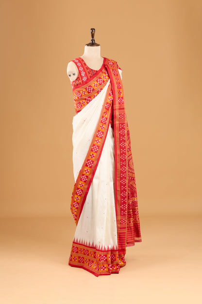Double Pasapali Border Khandua Ikkat Silk Saree - Off White and Red
