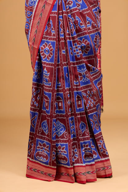 Exclusive Odisha Ikkat Nabakothi Pure Silk Saree- Maroon & Blue