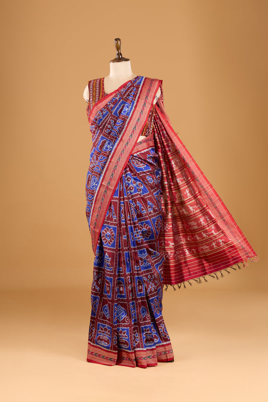 Exclusive Odisha Ikkat Nabakothi Pure Silk Saree- Maroon & Blue
