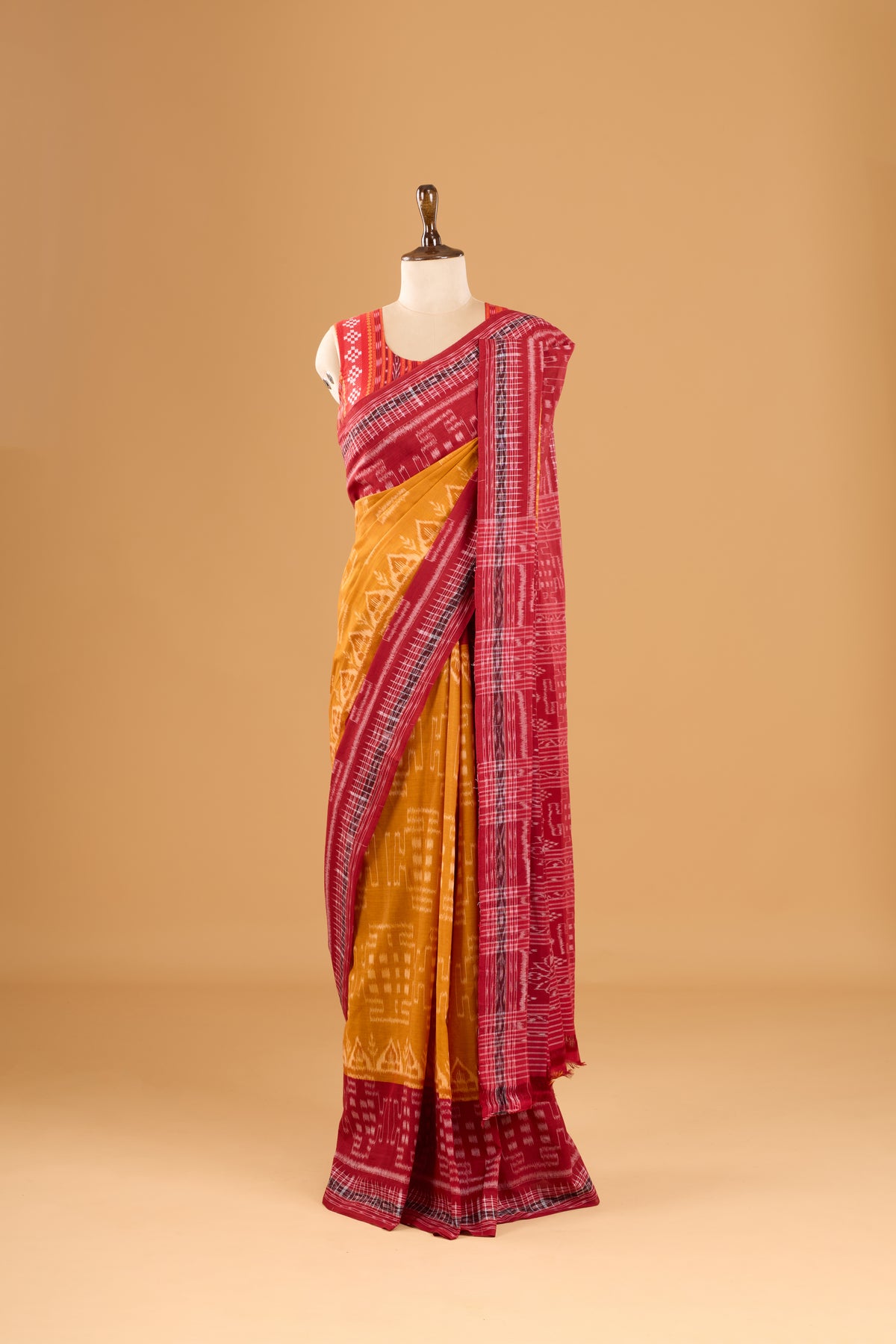 Odisha Ikkat Khandua Cotton Saree - Mustard yellow & Maroon
