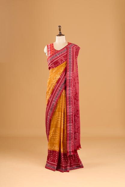 Odisha Ikkat Khandua Cotton Saree - Mustard yellow & Maroon