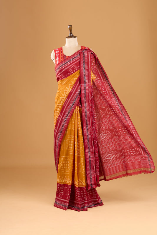 Odisha Ikkat Khandua Cotton Saree - Mustard yellow & Maroon