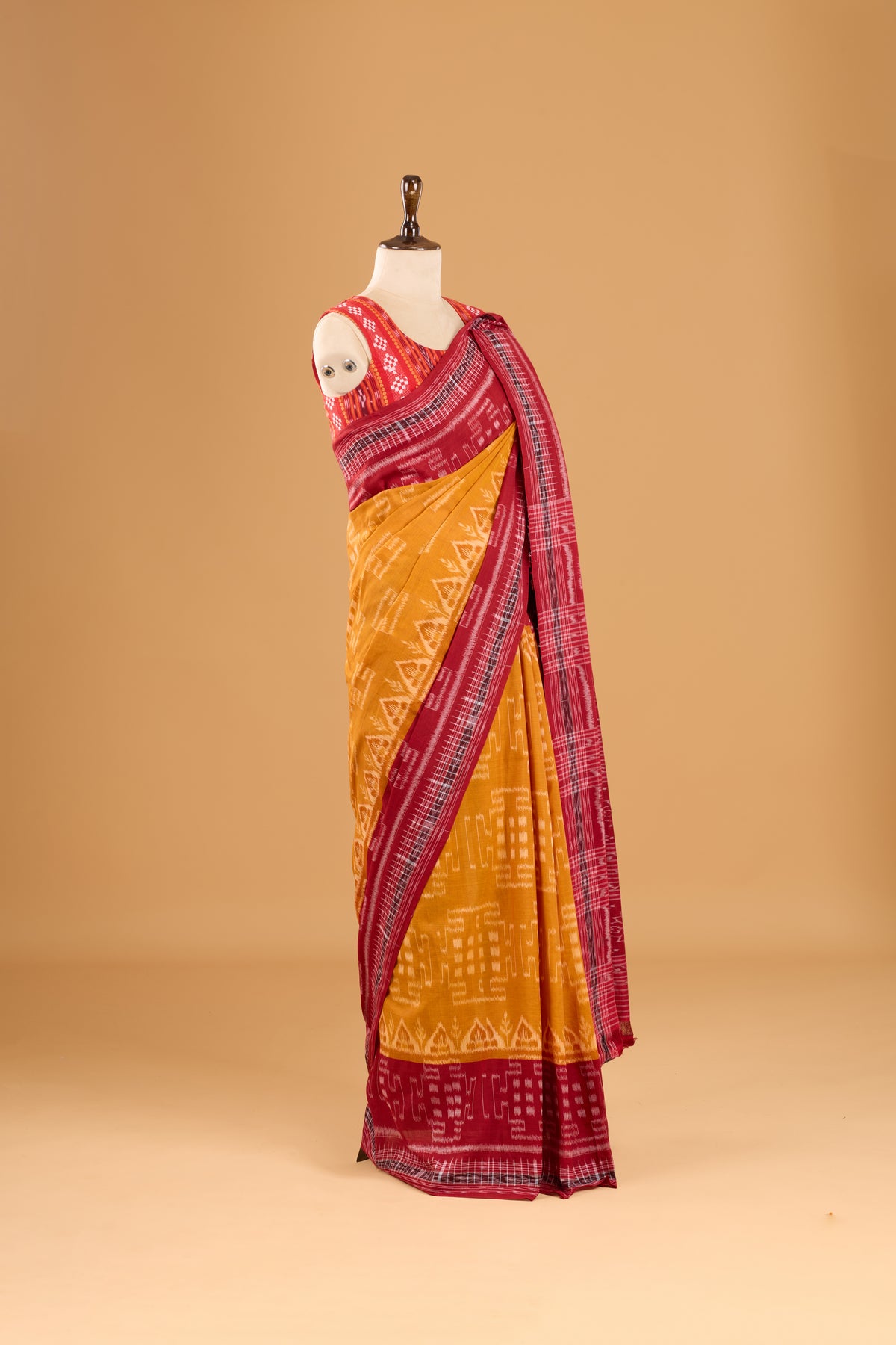 Odisha Ikkat Khandua Cotton Saree - Mustard yellow & Maroon