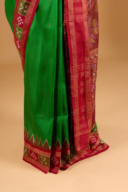 Exclusive Odisha Ikkat Pasapali Border Khandua Silk Saree - Green & Red