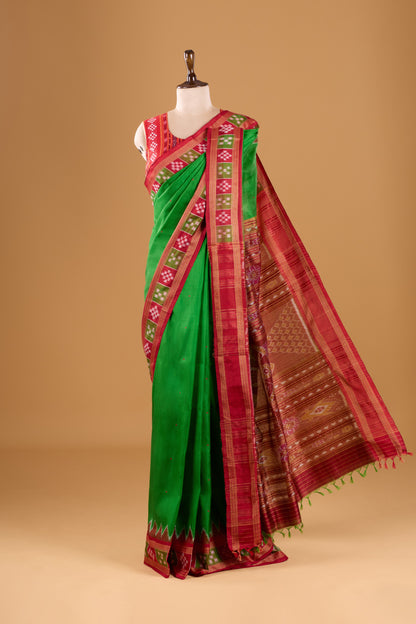 Exclusive Odisha Ikkat Pasapali Border Khandua Silk Saree - Green & Red