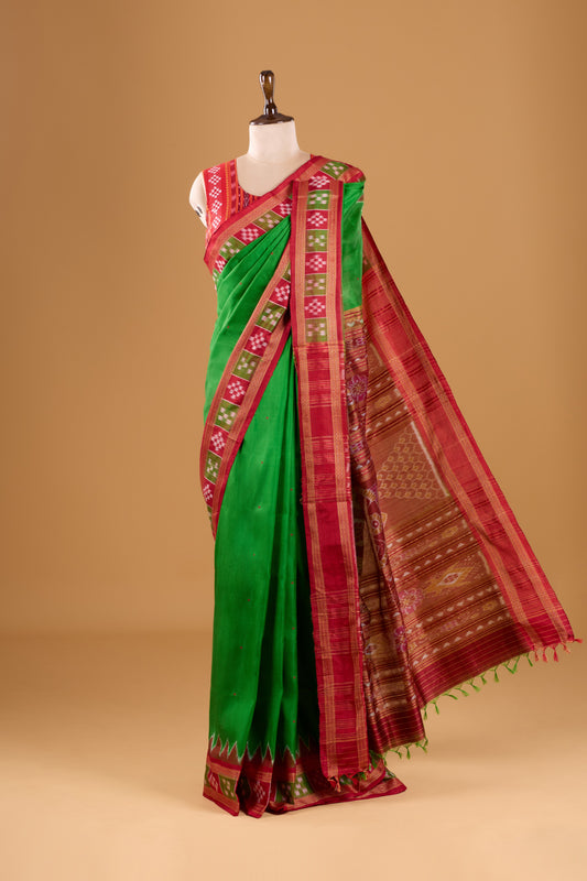 Exclusive Odisha Ikkat Pasapali Border Khandua Silk Saree - Green & Red