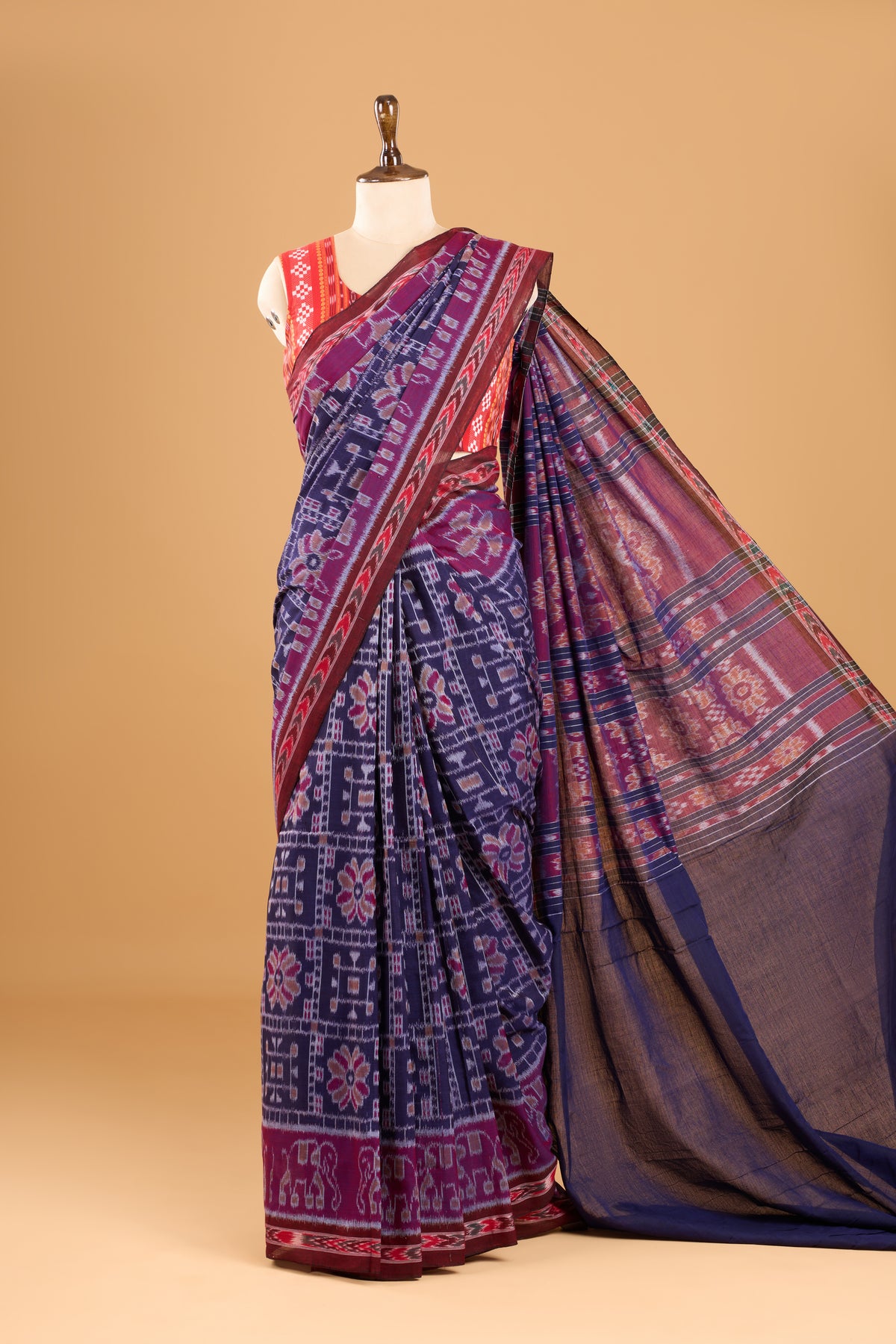 Odisha Ikkat Khandua Cotton Saree - Navy